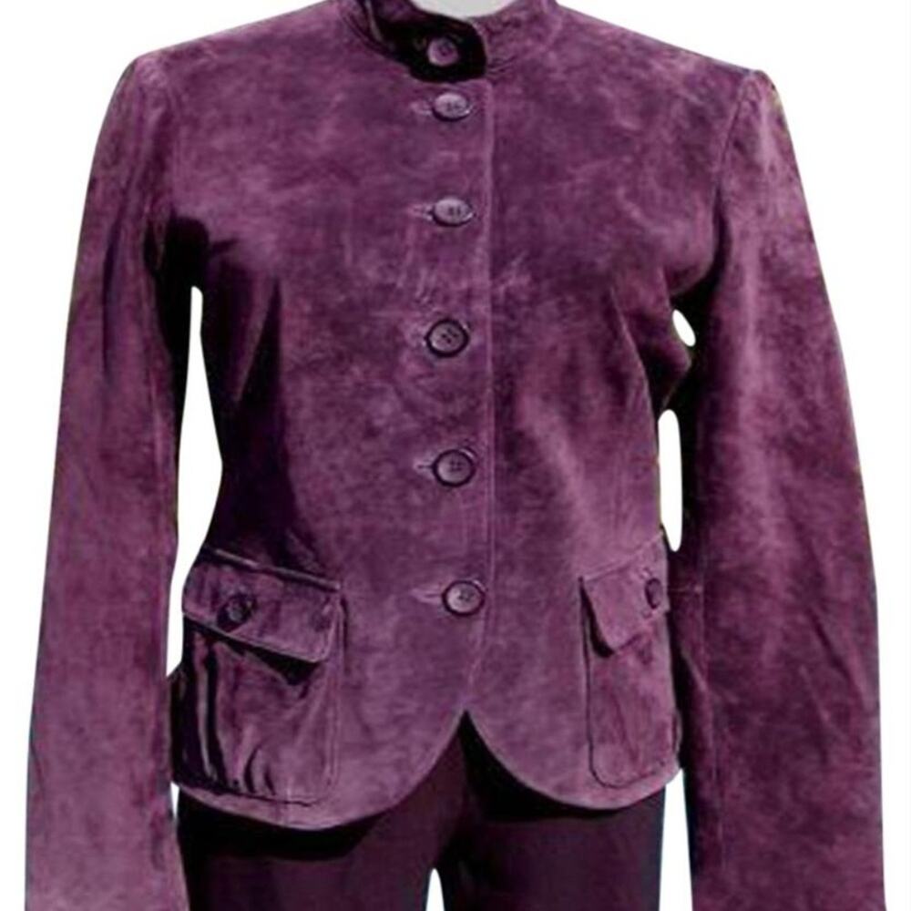 Cache Purple Fitted Leather Suede Jacket Top New Lined Banded Collar $248 NWT - Picture 4 of 15